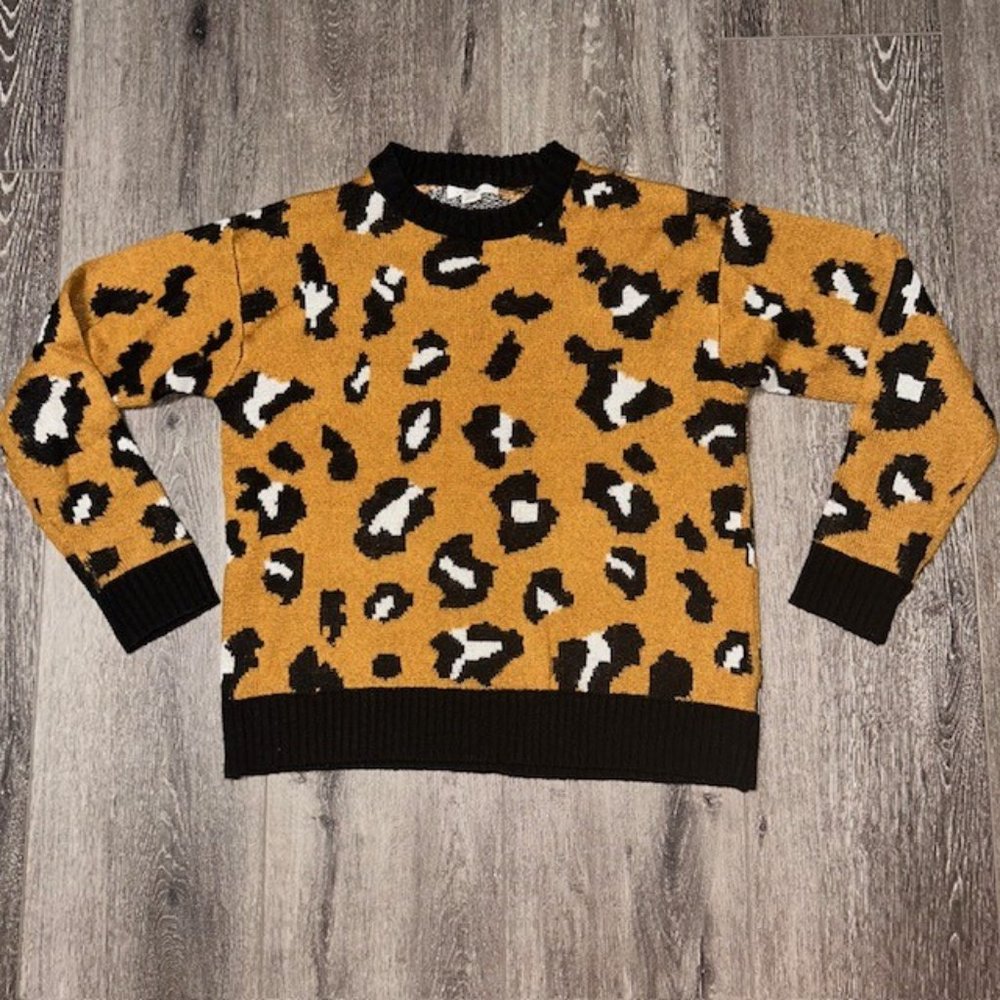 Cheetah Animal Print Crewneck Knit Sweater Top Blouse Womens L Brown Black